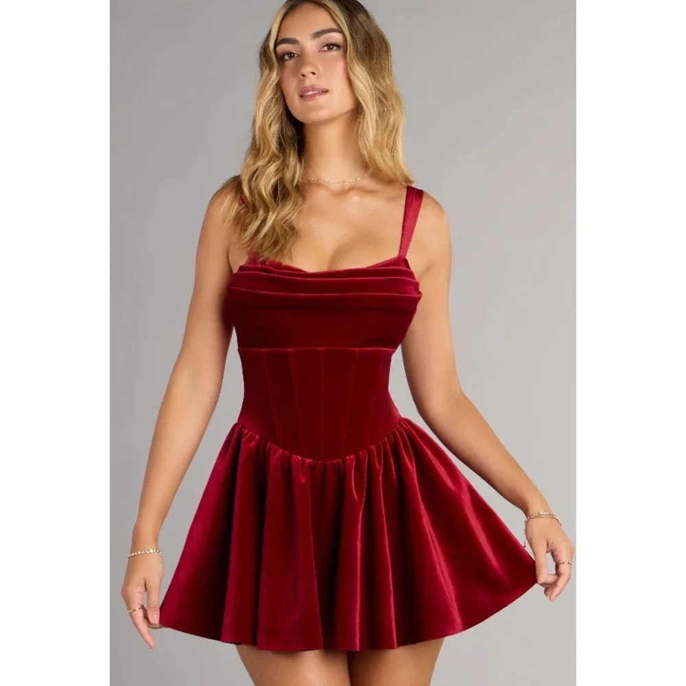 Windsor Red Kyla Velvet Cutout Corset Skater Mini Dress Wedding Formal Date M - Picture 2 of 12